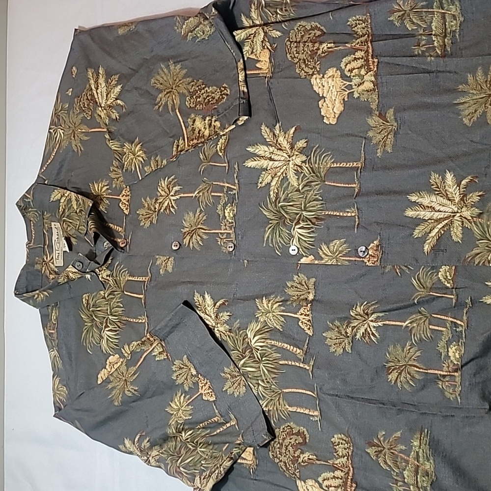 Tori Richard gray palm trees motif cotton lawn Hawaiian shirt size XL